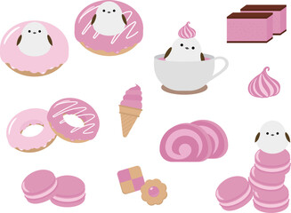 シマエナガとストロベリースイーツのイラスト素材セット