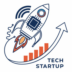 Tech Startup Launching Rocket With Growth Chart And Wireless Connection Concept