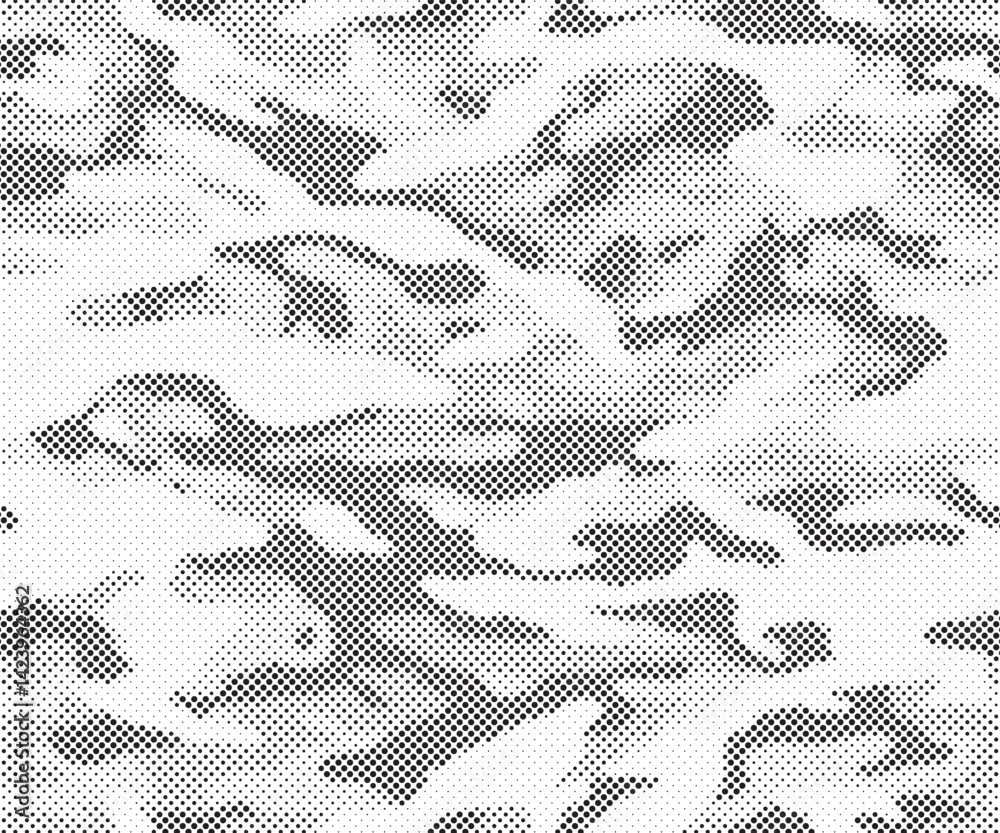 Poster Abstract halftone seamless camouflage pattern. Repeating digital dotted hexagonal camo military texture background. Abstract modern fabric textile ornament. Vector illustration.