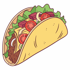 Cartoon Taco With Ground Beef Lettuce Tomatoes And Cheese In A Shell