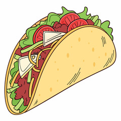 Cartoon Taco Filled With Meat Cheese Lettuce And Sliced Tomatoes Illustration