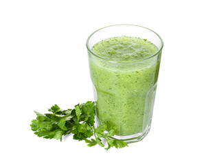 Healthy parsley smoothie in glass and leaves isolated on white