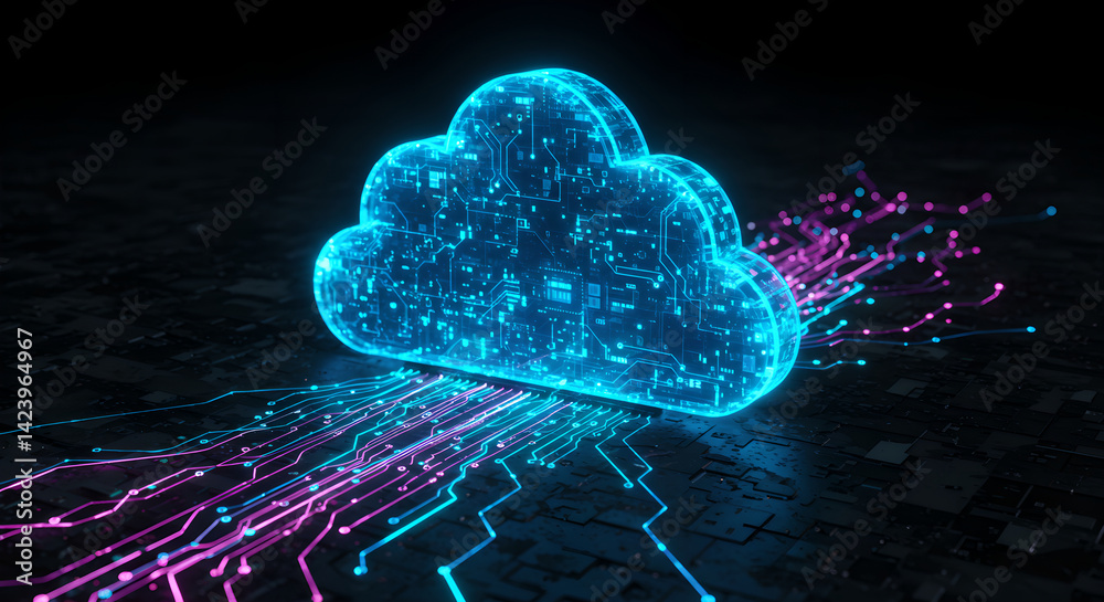 Poster blue cloud icon with glowing circuit board pattern and data streams on dark background. futuristic t