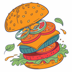 Exploded Burger Illustration With Flying Ingredients And Tasty Colorful Design Elements