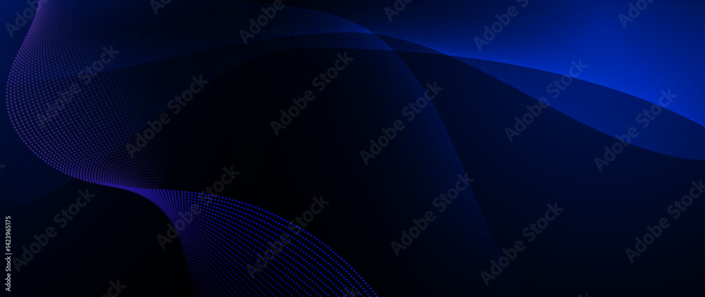 Poster Vector Abstract flowing wave line, particle dot pattern, neon light on dark blue gradient background. Modern futuristic design, particles wave data for background. Network, science, technology concept