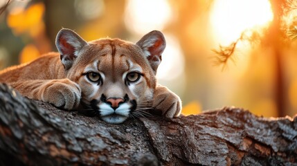 A serene close-up of a cougar lies gracefully on a tree branch, illuminated by warm golden sunlight and surrounded by nature's beauty and tranquility in a mystical forest setting.
