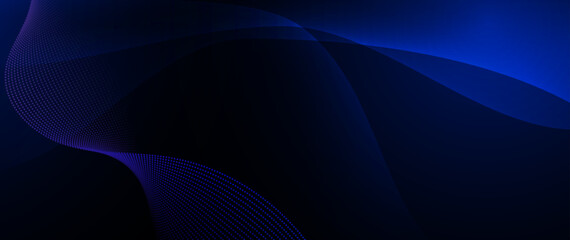 Vector Abstract flowing wave line, particle dot pattern, neon light on dark blue gradient background. Modern futuristic design, particles wave data for background. Network, science, technology concept