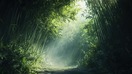 Fototapeta premium Wind blowing through a dense bamboo grove, leaves rustling softly under the dappled sunlight