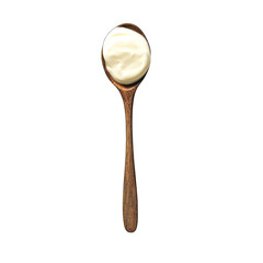 A wooden spoon holding a scoop of white cream against black background