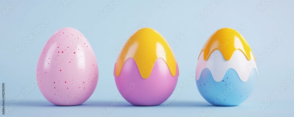 Poster three colorful easter eggs with a modern design standing on a light blue background