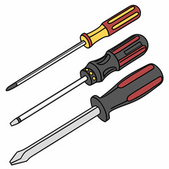 Cartoon Illustration Of Three Screwdrivers With Different Head Types And Handle Colors