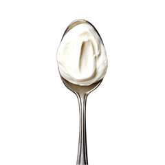 A close up of a spoon filled with white cream against a black background