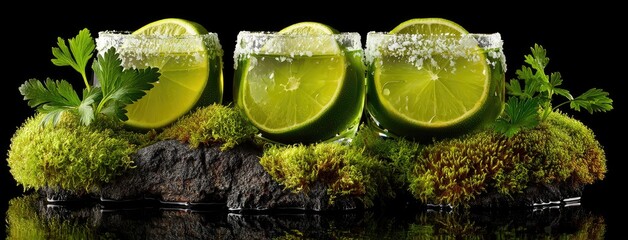 Three tequila shots accompanied by lime slices rest on a black rock adorned with lush moss, highlighted in dramatic lighting