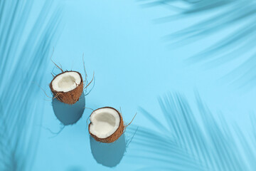 Fresh coconut and shadow cast by tropical palm on light blue background, top view. Space for text