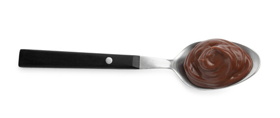 Tasty chocolate pudding in spoon isolated on white, top view