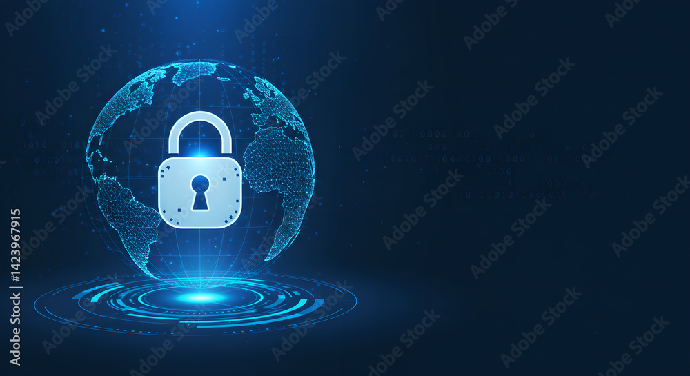 Poster digital globe with padlock symbol security concept. abstract technology background with internet net