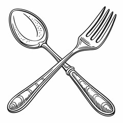 Crossed Spoon And Fork Vector Illustration Black And White Isolated Design