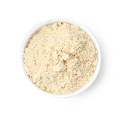 Superfood product. Sesame seeds powder in bowl isolated on white, top view