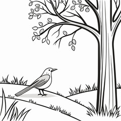Whimsical Bird Illustration Standing Under Shady Tree Artistic Line Art