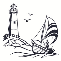 Silhouette Of A Lighthouse With Sailing Boat And Birds In The Sea