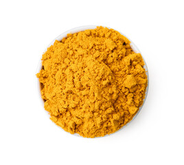 Superfood. Turmeric powder in bowl isolated on white, top view