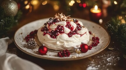 A delicious berry pavlova dessert presented with festive decorations