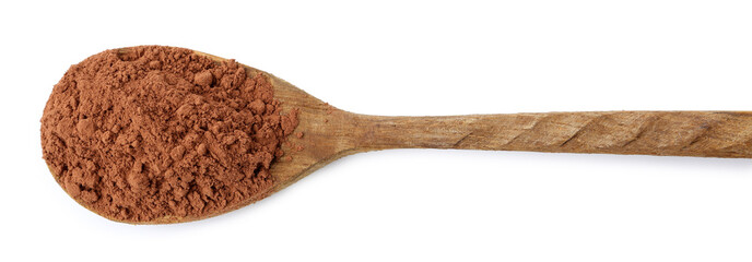 Superfood. Cacao powder in spoon isolated on white, top view