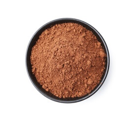 Superfood. Cacao powder in bowl isolated on white, top view