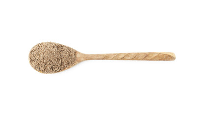 Superfood. Chia seeds powder in spoon isolated on white, top view