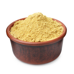 Superfood. Mustard powder in bowl isolated on white