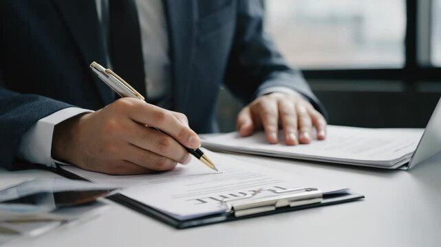 businessman signing important legal contract at modern office desk, close up on hands with pen and formal suit, focused corporate agreement, paperwork concept