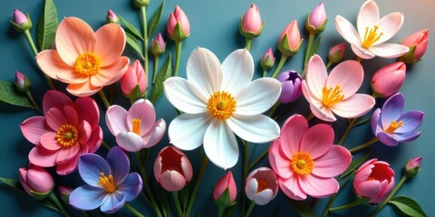 A vibrant bouquet of meticulously crafted paper blossoms, showcasing a spectrum of pastel hues and delicate floral textures, arranged artfully on a deep teal backdrop