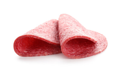 Slices of tasty smoked sausage isolated on white