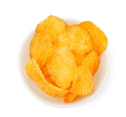 Tasty ridged chips in bowl isolated on white, top view
