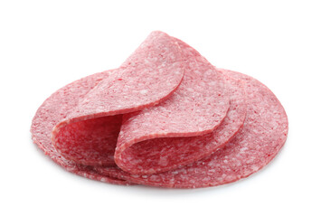 Slices of tasty smoked sausage isolated on white