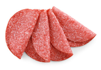 Slices of tasty smoked sausage isolated on white, top view