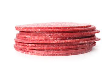 Slices of tasty smoked sausage isolated on white