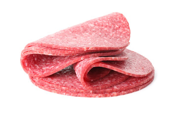 Slices of tasty smoked sausage isolated on white