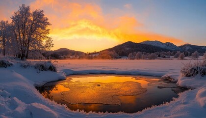 Winter sunrise over frozen pond