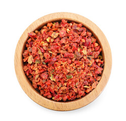 Red chili pepper flakes in bowl isolated on white, top view