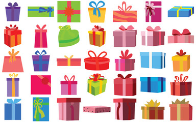 Collection of Colorful Gift Boxes with Ribbons and Bows - Flat Vector Design for Holiday Celebrations and Special Occasions