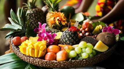 An attractive decorative arrangement of assorted fresh tropical fruits