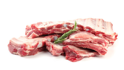 Fresh raw pork ribs and rosemary isolated on white
