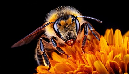Bee close to flower in macro with black background