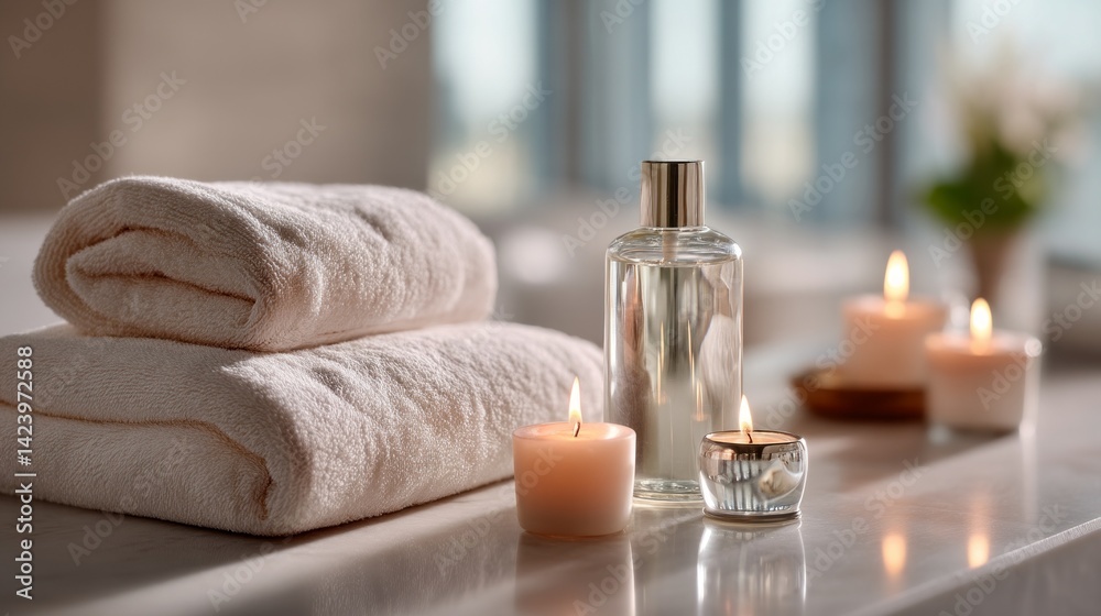 Poster soft white towels are neatly stacked next to elegant candles that flicker gently, creating a peacefu