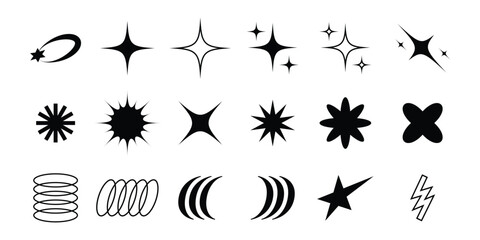 Naklejka premium Y2K decorative shapes vector illustration pack, inspired by the bold, shiny, and futuristic aesthetic of the early 2000s. Includes stars, sparkles, ovals, blobs, and abstract forms