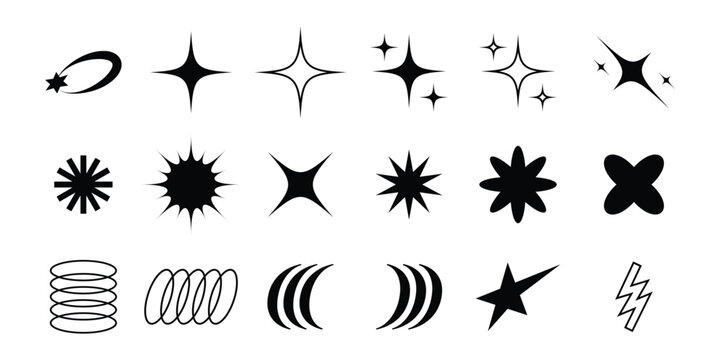 Y2K decorative shapes vector illustration pack, inspired by the bold, shiny, and futuristic aesthetic of the early 2000s. Includes stars, sparkles, ovals, blobs, and abstract forms