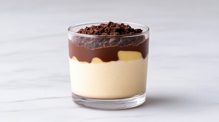A layered dessert in a glass, topped with chocolate cookie crumbs and chocolate sauce.