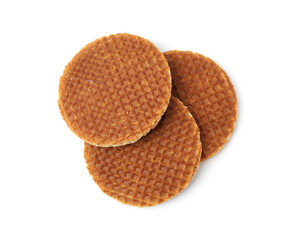 Tasty round waffles isolated on white, top view