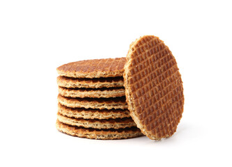 Stack of tasty round waffles isolated on white